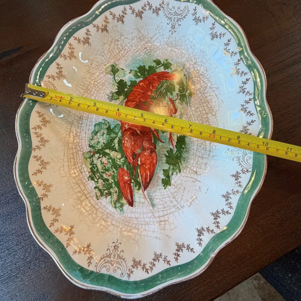 Vintage Sterling China Lobster Oval Serving Platter Scalloped Turquoise Gold 13
